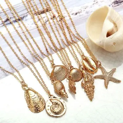 

Hot Selling Marine Life Necklaces Shell Starfish Carved Pendant Necklaces Women Jewelry Mixed Designs, Gold color