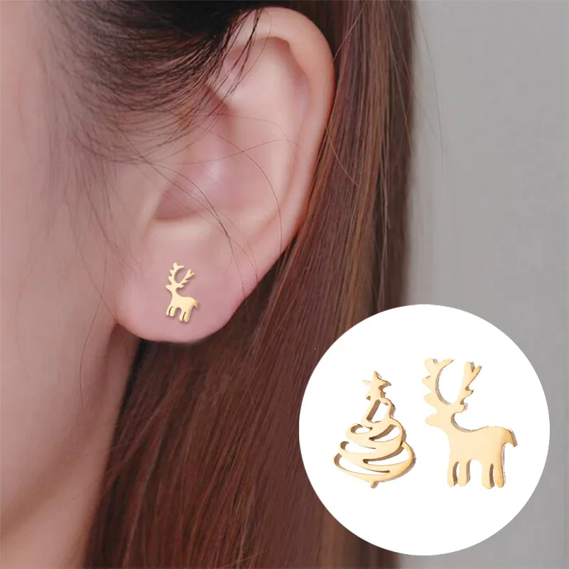 

Lucky Gold Color Christmas Animal Jewelry Women Kids Stainless Steel Deer Earrings