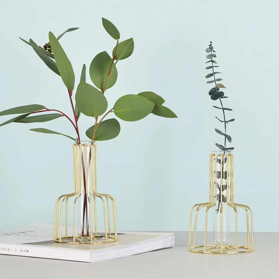 

High Quality Decorative Glass Flower Pot Test Tube Vase With Gold Metal Shelf, Transparent