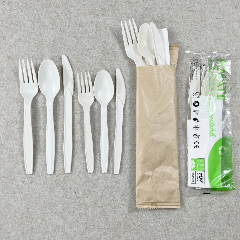 

Heavy Duty Biodegradable Cutlery CPLA Cutlery Plastic Soup Spoon Fork Set Wrapped Cutlery Pack with Napkin