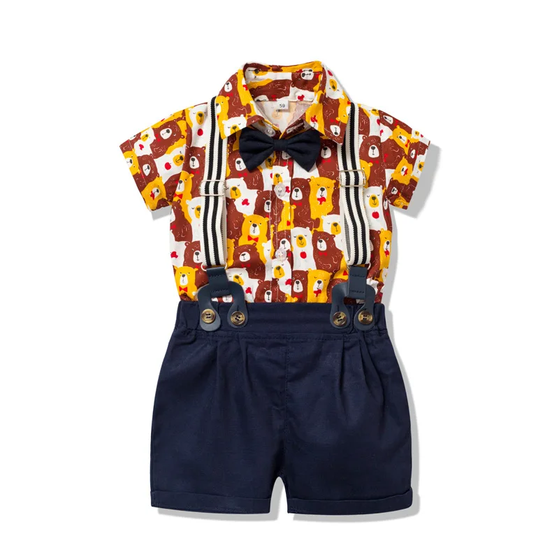 

Fashion Bear Cartoon Print Short Sleeve Shirt and Overalls Baby Boy Clothes Set, Yellow