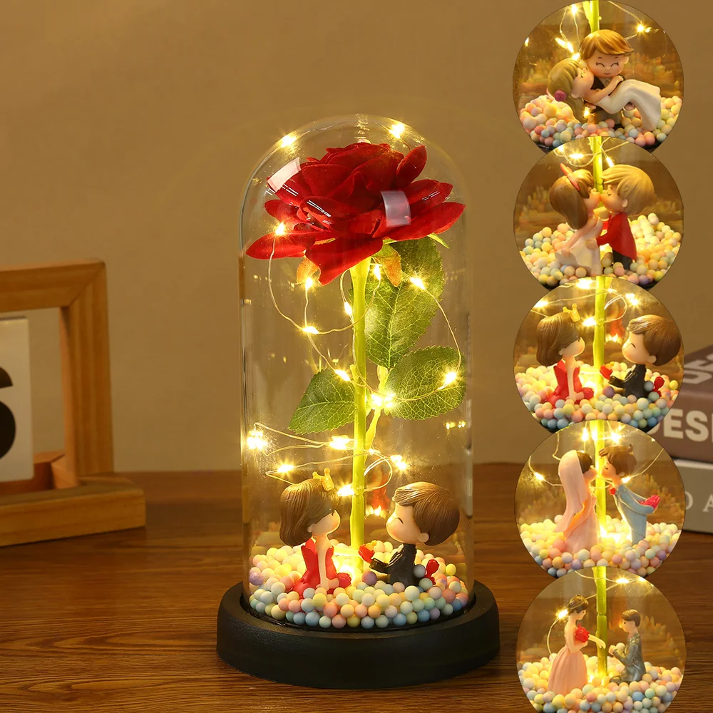 Custom Valentines Day Mothers Eternal Gold Foil Rose Artificial Flower Led Light Preserved Galaxy Rose Glass Dome