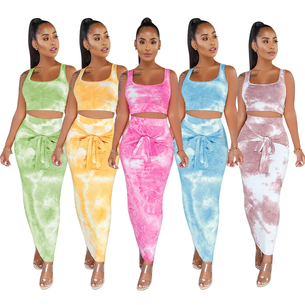 

2021 Summer New Arrivals Tie-Dye Halter Vest Sexy Slim Skirt Elegant Two Piece set For Women Clothing, As picture