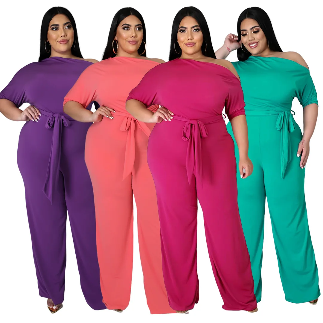 

Plus Size Rompers Ladies Fashion 2021 New Solid Color Bandage Oblique Shoulder Casual Flared Jumpsuit Women, Shown