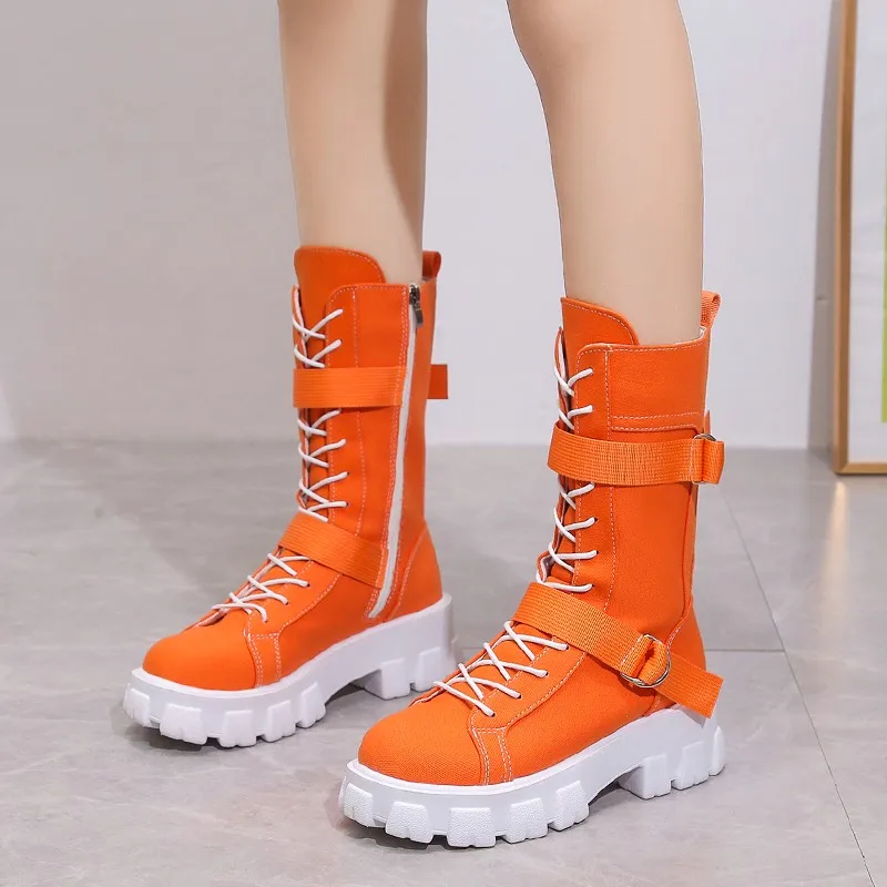 

Newest Girl Candy Color Canvas Sport Boots Girl Zipper & Lace Up High Orange Green Black Boots
