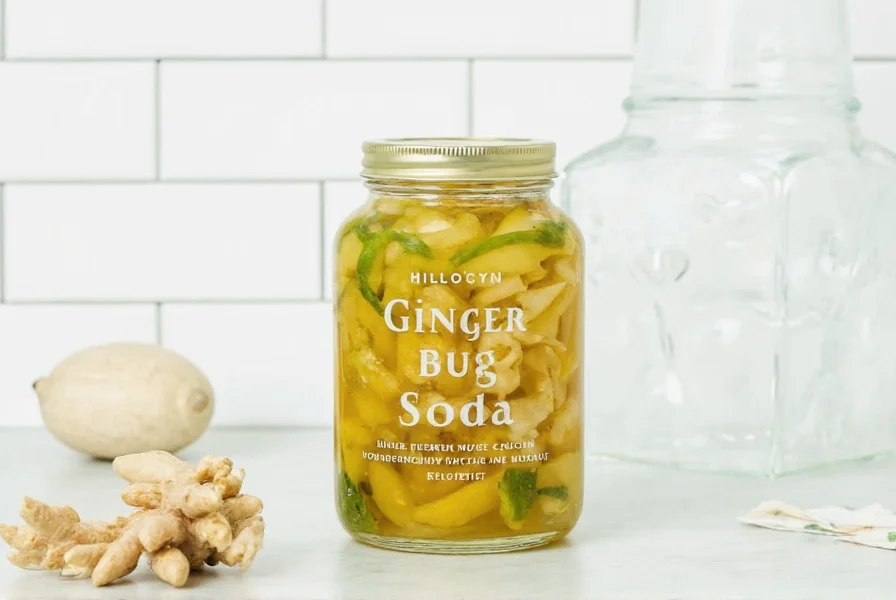 Close-up of active ginger bug culture showing bubbles in mason jar with grated ginger
