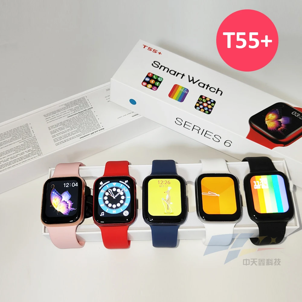 

T55+ watch6 smart watch full-screen heart rate monitoring IP67 sports watch BT calling smart bracelet, White/black/blue/green/purple