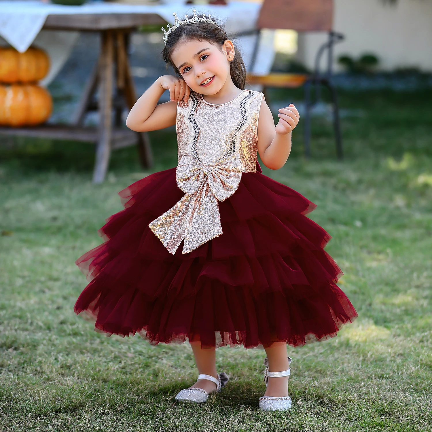 

MQATZ Formal Occasions Sequined Bow Kids Party Dress Sleeveless Ball Gown Flower Girls' Dresses