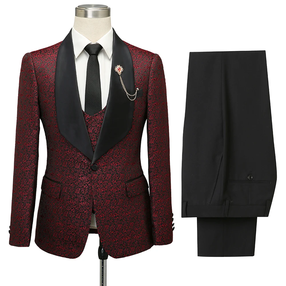 

2020 Fashion Wedding Men Suits Slim Fit Tuxedo 3 Pieces Burgundy Jacket Groom Prom Jacquard Blazer Terno Masculino Suit set