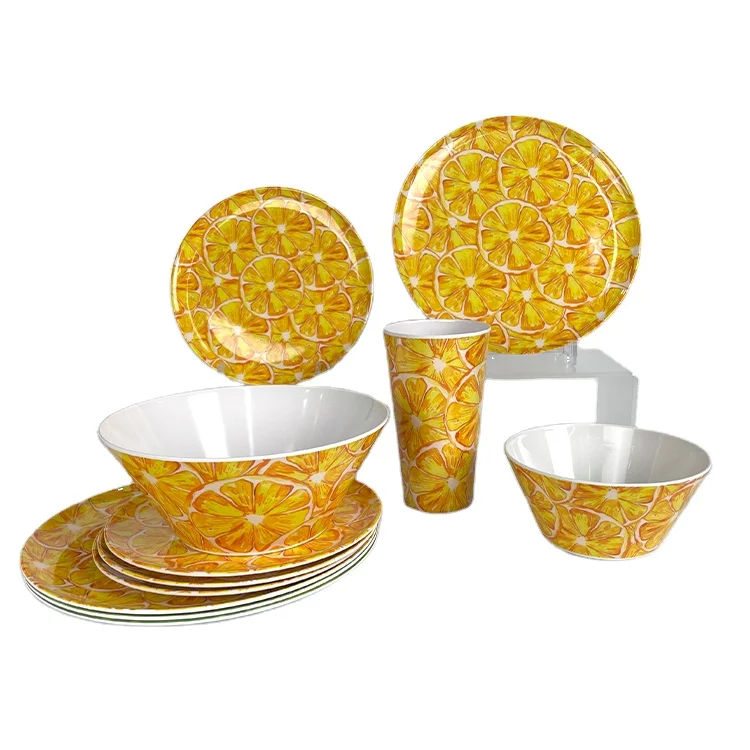 

2021 Durable Lemon Design Pattern Plastic Picnic Party 5pcs Serving Bowl Plate Cup Dinner Set Melamine Dinnerware Tableware Set, Yellow