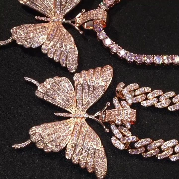 打入冷宫玫瑰金粉红可爱的豪华蝴蝶锆石水晶粉红蝴蝶魅力项链吊坠配