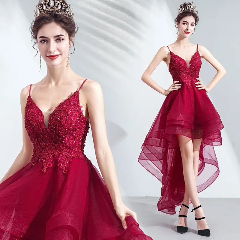 

2020 Luxury Red Beading Lace Up Long Evening Dress A Line Ruffles Tulle Prom Party Dress, As shown