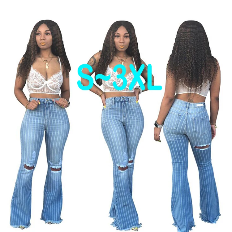 

High Waisted Flare Pull On Stretch Girls Ripped Cut Up Female Trouser Denim Layered Horn Bell Bottoms Stretch Jeans For Womens