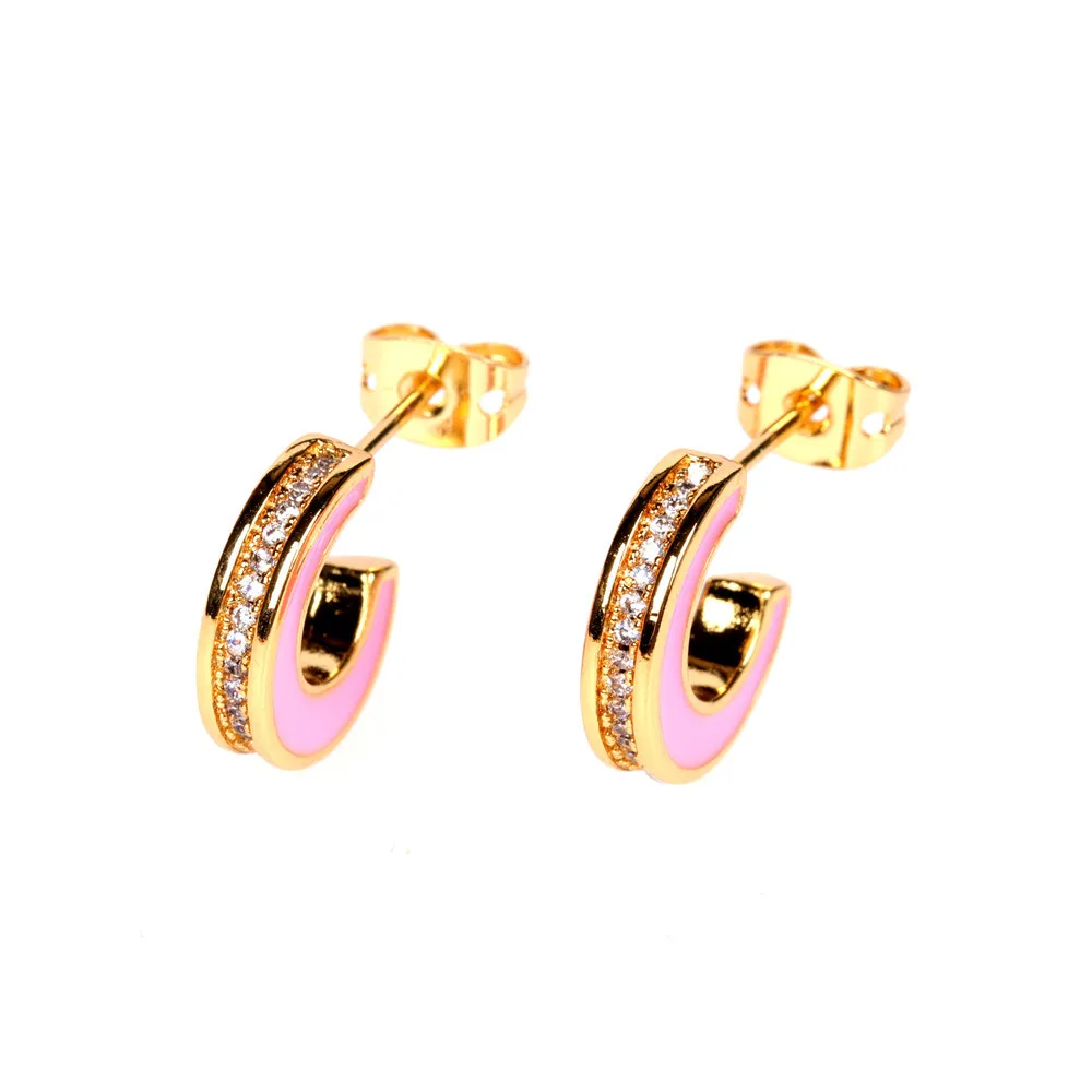 

New Trend European 18K Gold Micro CZ Pave Enamel Hoop Earring Colorful Enamel Zircon C Shape Earring For Women