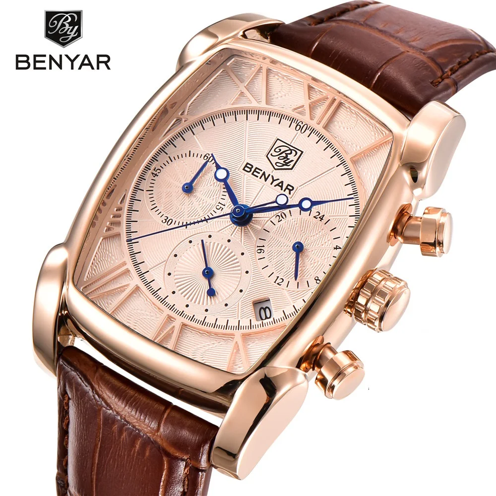 

BENYAR 5113 Fashion Mens Watches Luxury Big Dial Military Quartz Clock Leather Waterproof Sport Chronograph Watch Male