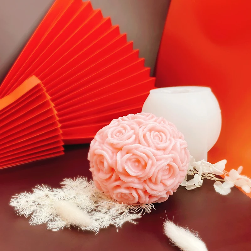 

B-3409 Large Size 3D Big Flower Shaping Candle Rose Ball Silicone Mold Diy Sphere Layer Soap Mould