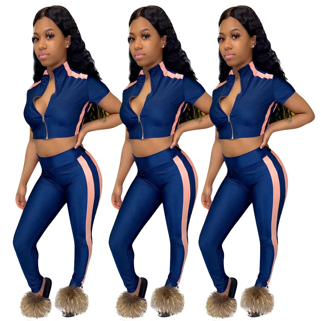 

2021 New Design Fashion Solid Color Crop Top Pants 2pc Knit Set Sexy Bodycon Tracksuits Sports Wear for Women