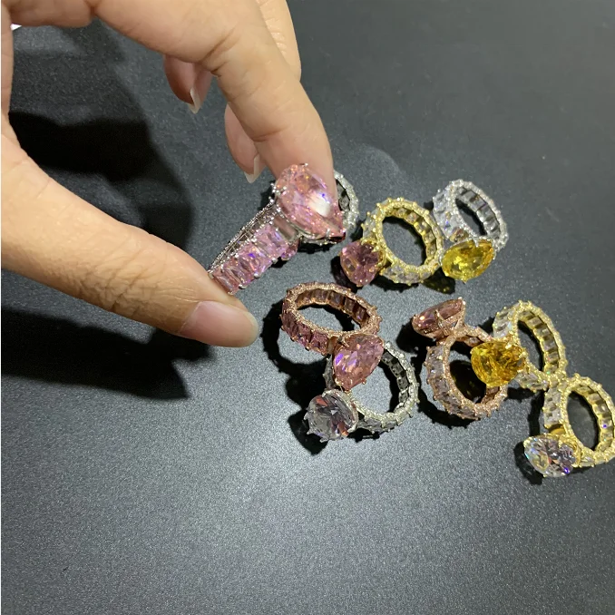 

Luxury Water Drop Pink Diamond Ring Silver Engagement Wedding Rings Fine Jewelry for Women