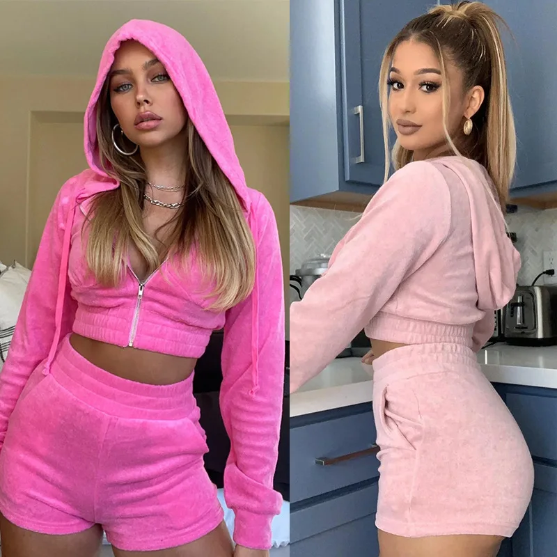 

Summer long sleeve women sport wear drawstring velvet hoodie crop tops short two piece pants sets, Pink,khaki,fuchsia