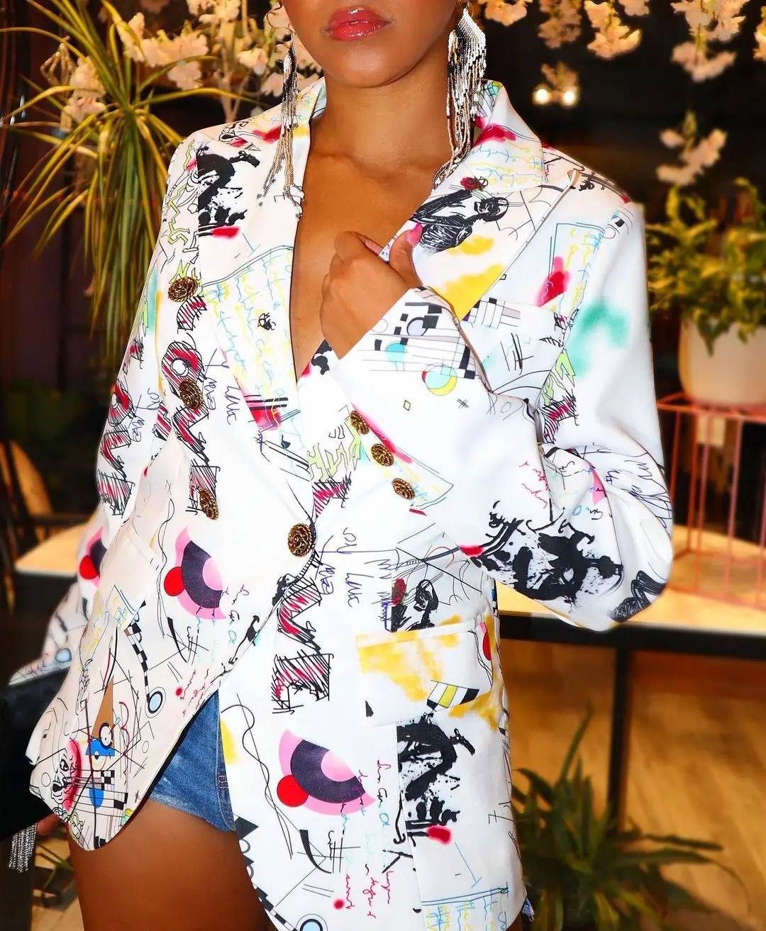 

Female Blazer Jacket Autumn Winter Fashion Ladies Clothes Graffiti Print Casual Woman White Blazer