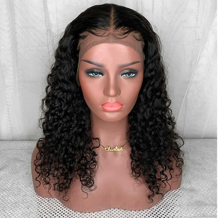 

SHI SHENG Wholesale  Premium Natural Black Kinky Curly Middle Part Synthetic T Part Lace Front Wig for Black Women