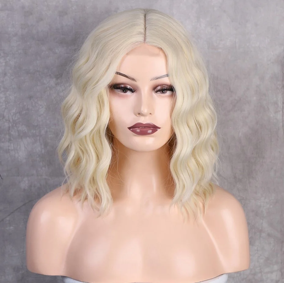 

Medo Top Quality Ready To Ship Short Wavy Bob Wigs For Black Women Middle Part Highlight Blonde Curly Synthetic Lace Wigs