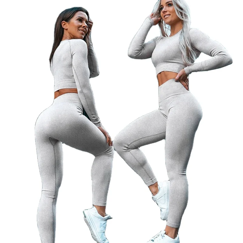 

Hot selling rib Slim long sleeve yoga sports fashion suit women long sleeve crop top with legging 2 two pieces sets, In available