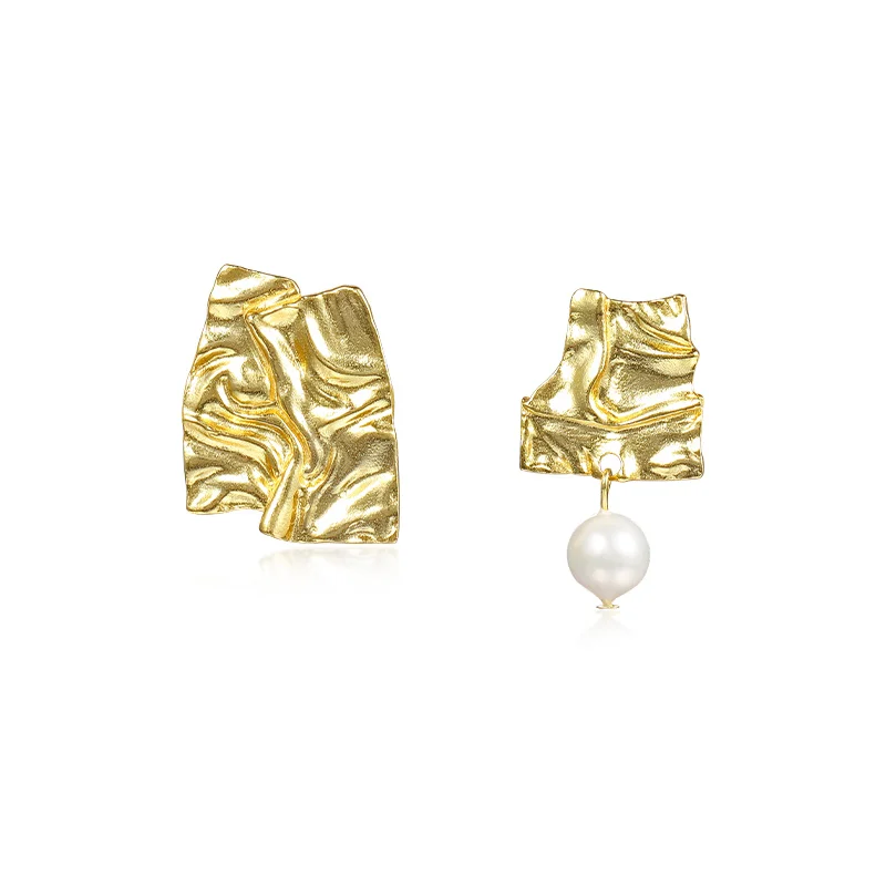 

Vintage 925 Sterling Silver 18K Gold Plated Textured Asymmetrical Pearl Drop Stud Earrings for Women