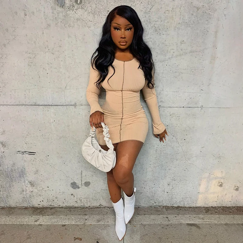 

Bomblook A20744D Fine Rib Solid Color Streak Long Sleeve Women's Mini Dress 2021 NEW Arrival Streetwear