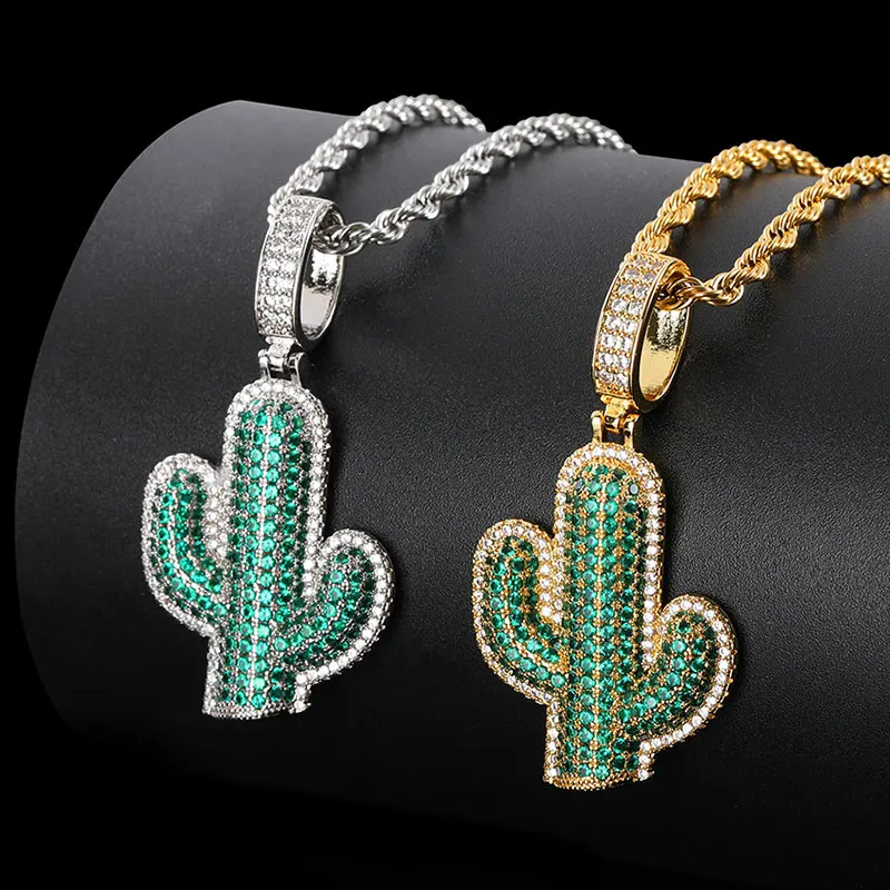 

Hip Hop Mens Iced Out Green Cactus Zircon Pendant CZ Cactus Pendant Necklace, Gold/silver color