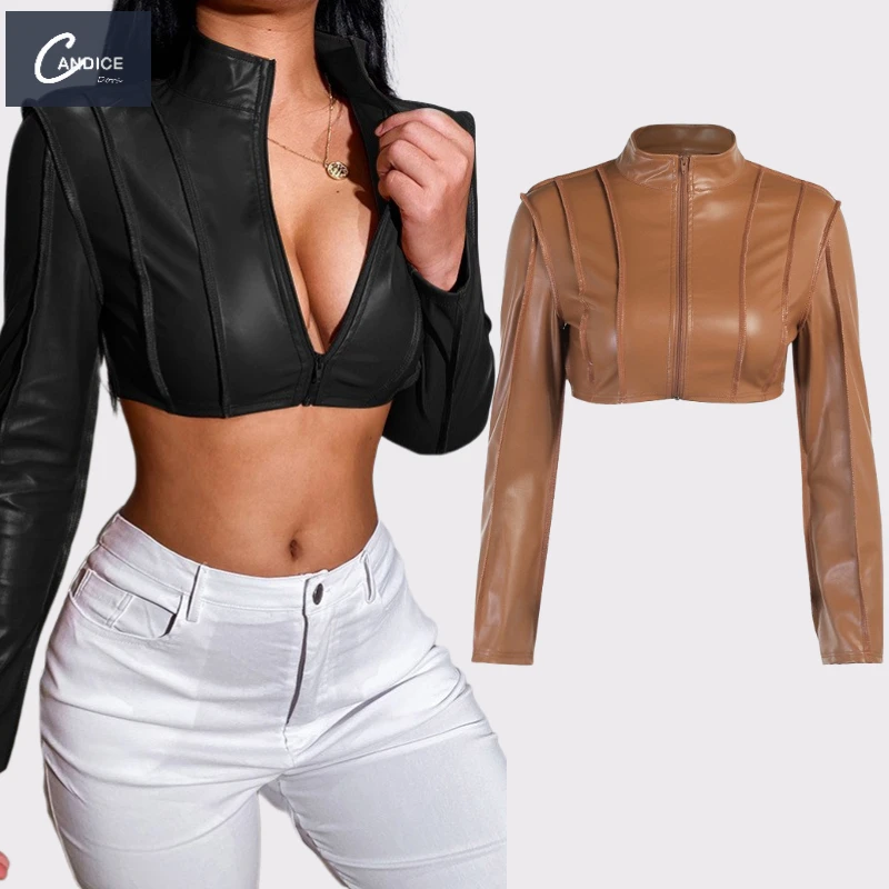 

Candice American style fashion trendy long sleeve ultra short zipper PU faux fall leather jackets for ladies women stylish