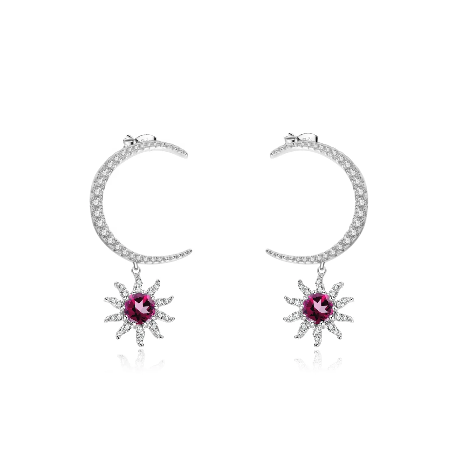 

Abiding Natural Gemstone Rhodolite 925 Sterling Silver Earrings Sun And Moon Drop Earring, Pink