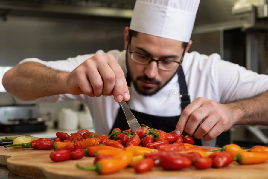 Professional chef carefully measuring different chili varieties for precise culinary application