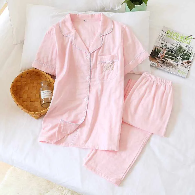 

Japanese spring and summer jacquard 100% cotton gauze female short-sleeved trousers home service suit cotton pure color thin, Required