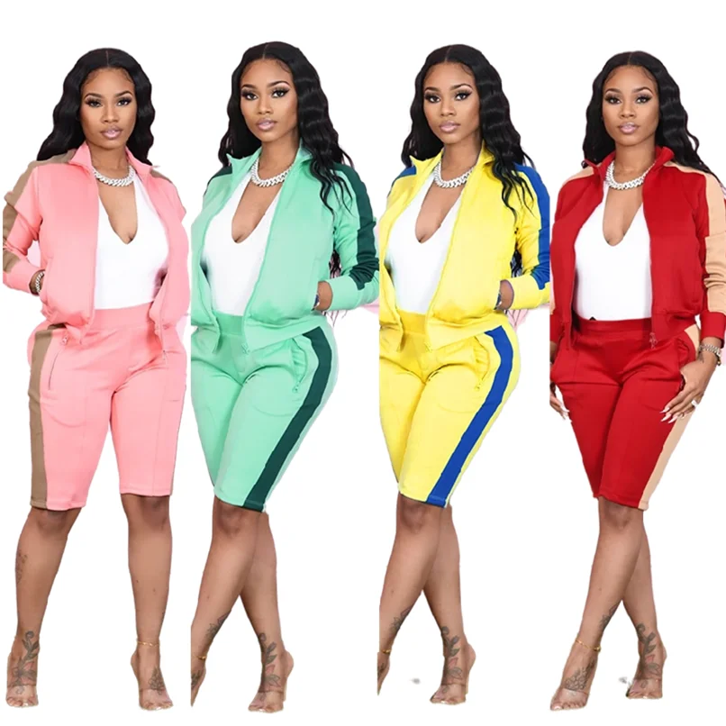 

M3084 new popular casual Lapel zipper color matching long sleeve sweater two piece sports pants suit set