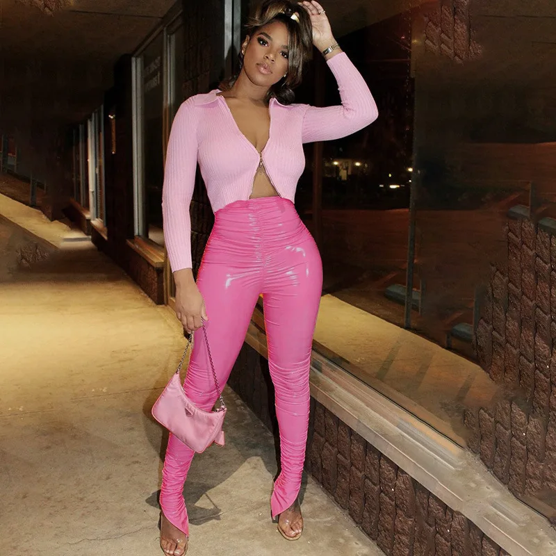 

Hot sale sexy clubs street slim shiny pleated high waist PU leather pants split leg trousers, Customized color