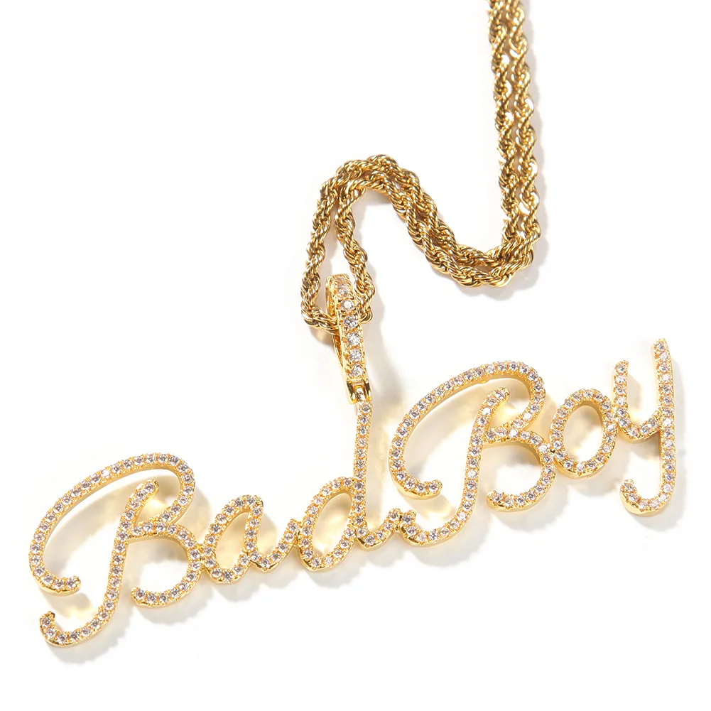 

Custom Name HipHop Jewelry 26 Iced Out Diamond Cursive Baguette Letter Name Bling Pendant Necklace, Gold silver rose gold