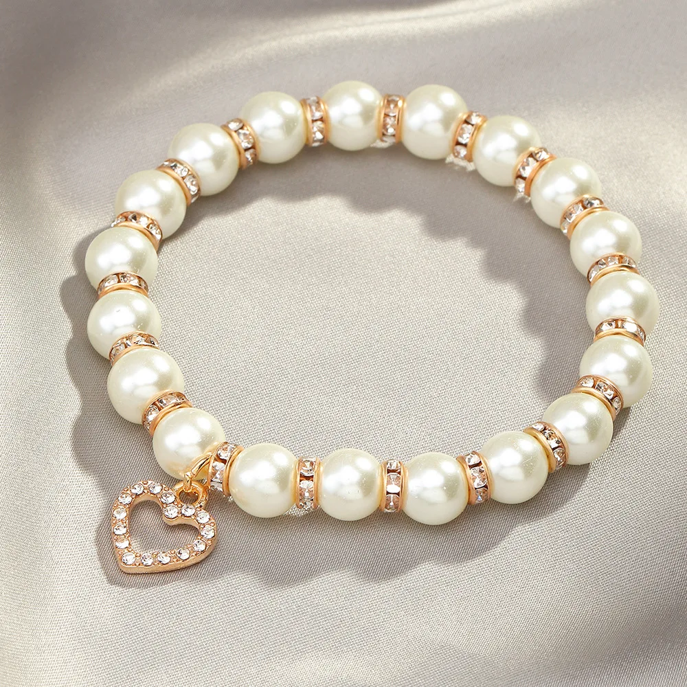 

Temperament Jewelry Faux Pearl Beads Bracelet Pearl Crystal Beaded Heart Pendant Bracelet For Women