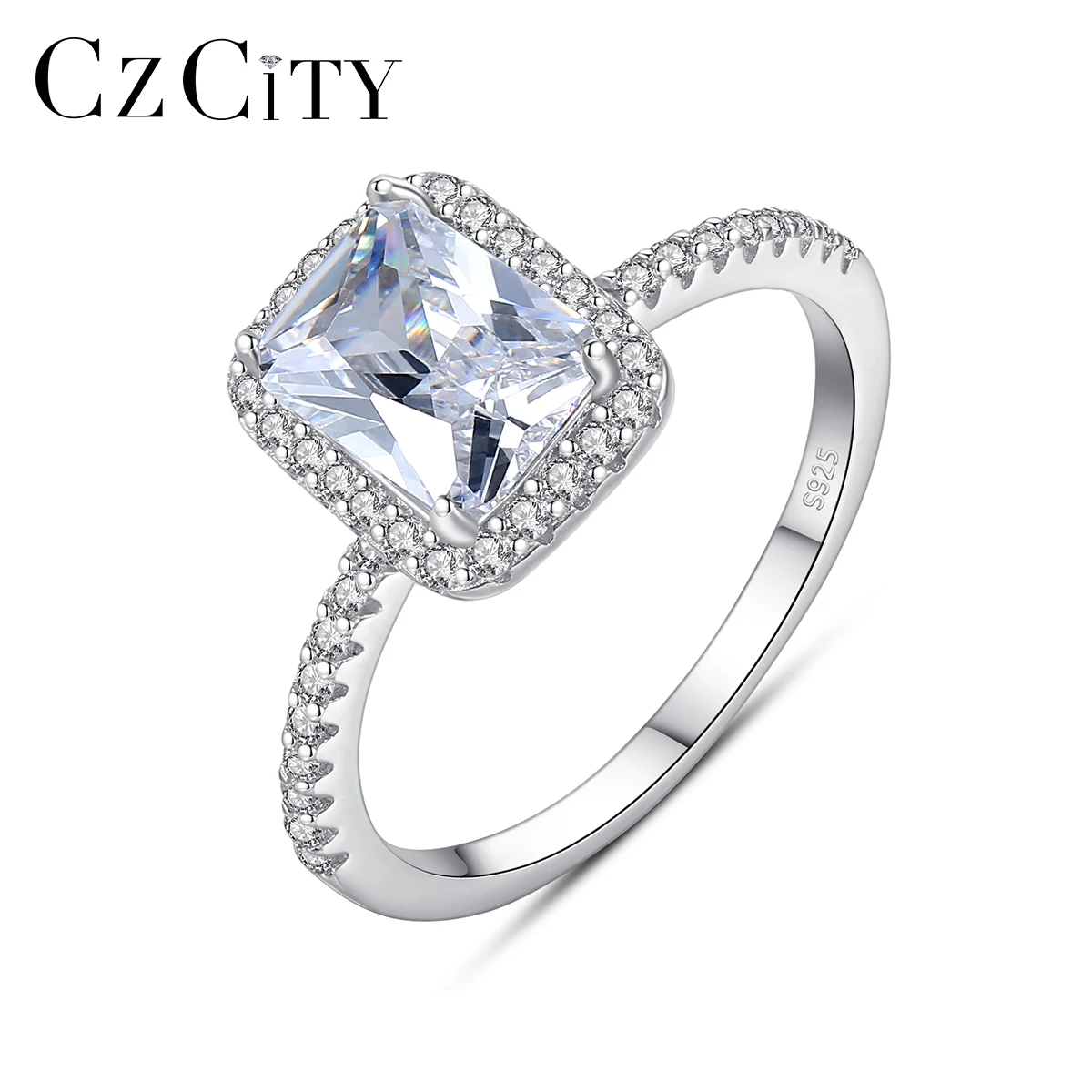 CZCITY Promise CZ Rings Jewelry Women 925 Sterling Silver Rectangle Cubic Zirconia Finger Silver Ring