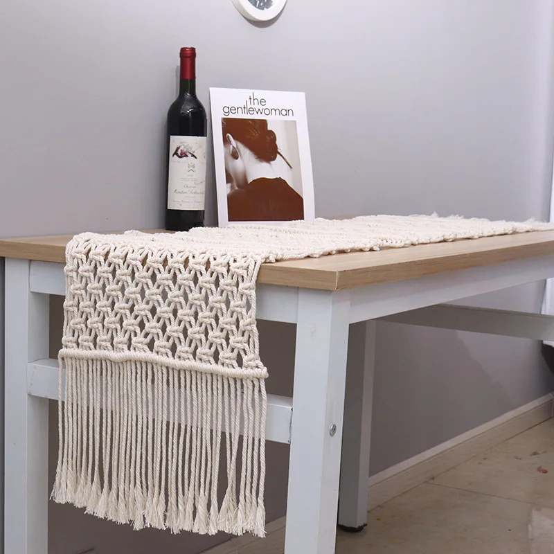 

Natural Macrame Table Runner Cotton Crochet Lace Boho Table Runner with Tassels for Bohemian Rustic Wedding Bridal Shower