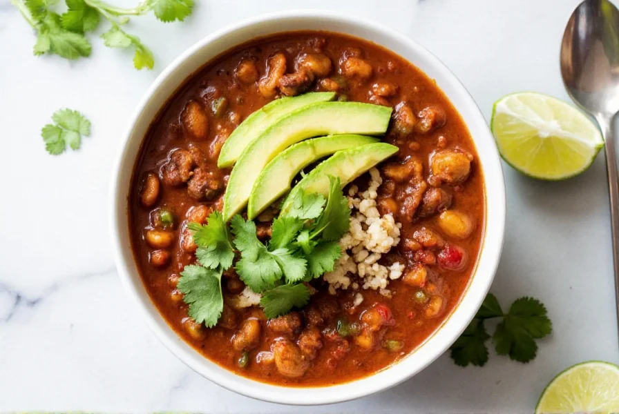 Finished mushroom chili in bowl with avocado, cilantro, and lime wedges as toppings