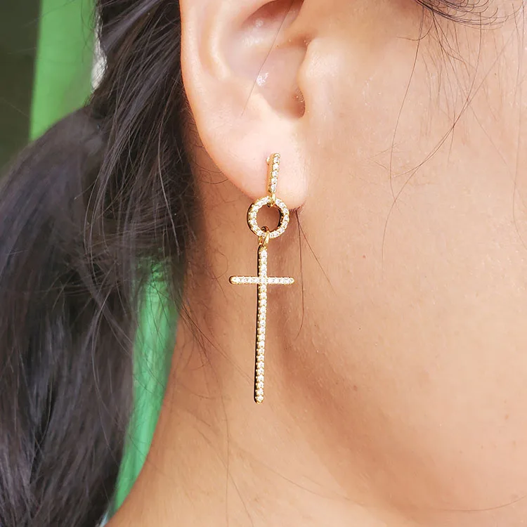 

EC1617 Popular Chic Dainty Gold Zircon CZ Micro Hoops with Cross Charm Huggie Earring