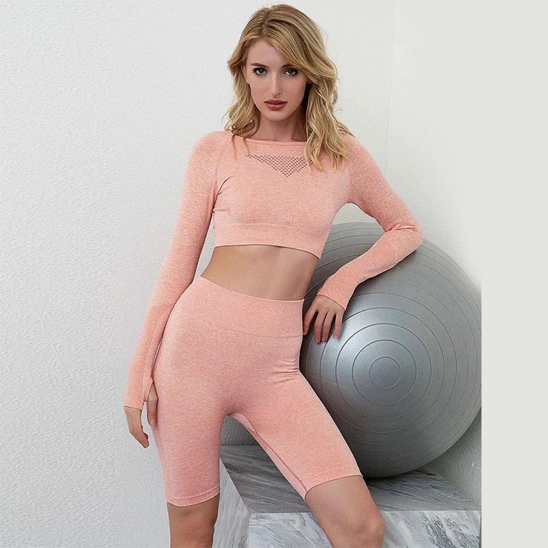 

New Style seamless gym wear suit women plus size long sleeve hollow out crop top butt lift fitness pant shorts legging yoga set