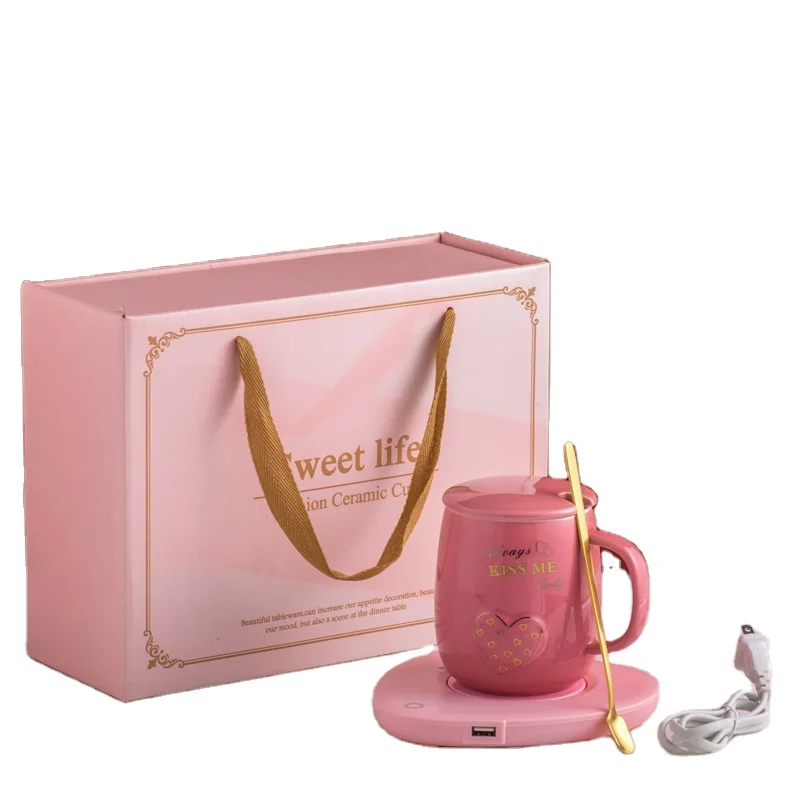 

Popular 55 degrees constant warm ceramic coffee mug gift box pink girl love heart porcelain tea cup smart vacuum flask mother's