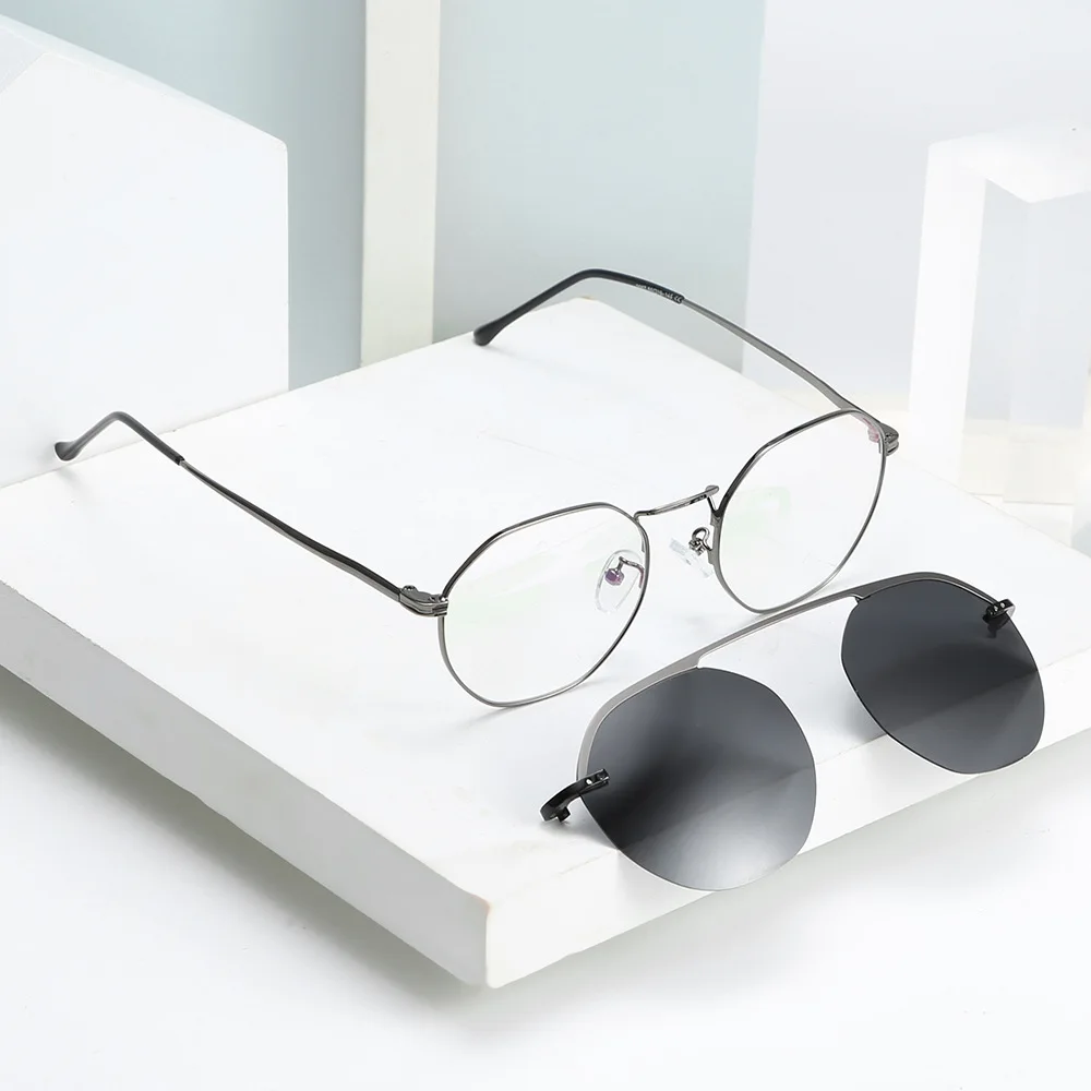 

Clip On Replaceable Round Lens Glasses Anti Blue Light Blocking Polarized Shades Eyewear Double Bridge Metal Frame Sunglasses, Customized