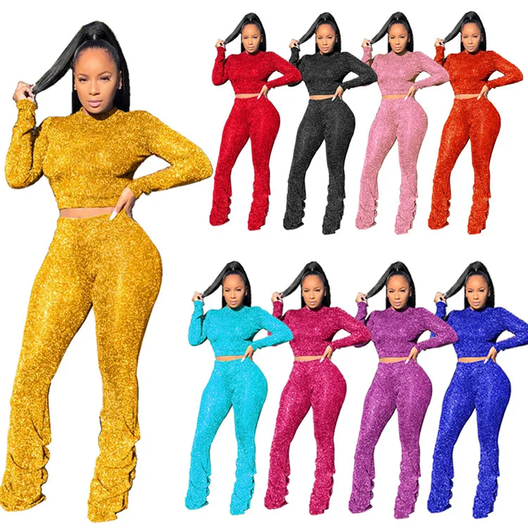 

M168-new arrivals 2021 long sleeve crop top stacked pant women sets two piece, Photo shown