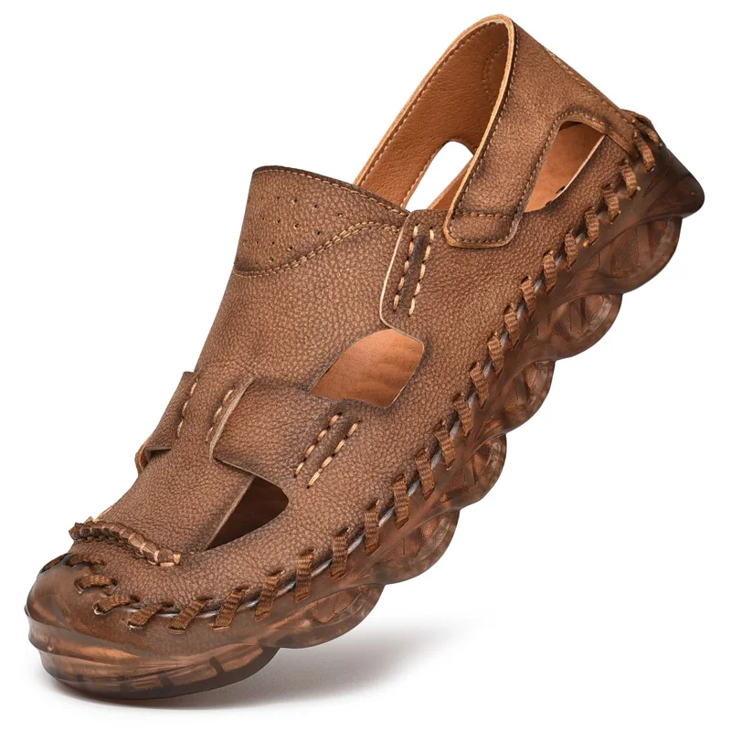New Design Genuine rubble Sole Leather Sandals Summer Men Sport Beach Closed Toe Sandals