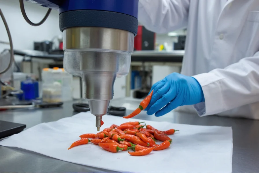 Scientist using laboratory equipment to measure capsaicin concentration in chili peppers for accurate Scoville scale determination