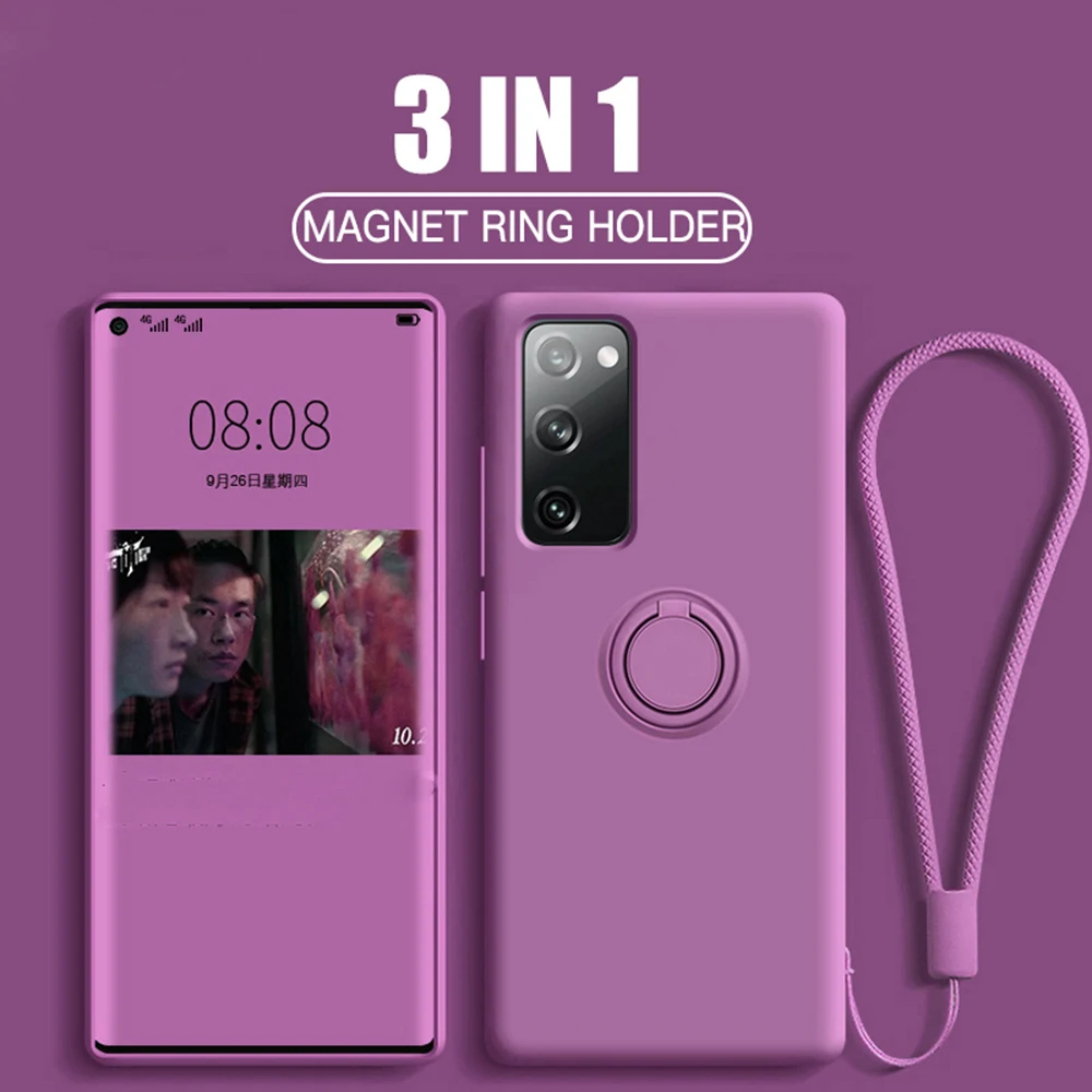 

Liquid Silicone Ring Holder Phone Case For Samsung S20 FE S21 S10 S9 S8 Plus A50 A70 A10 Note 20 10 9 Soft Strap Cover, Pink,black,red,yellow,grey,orange,blue,green,purple