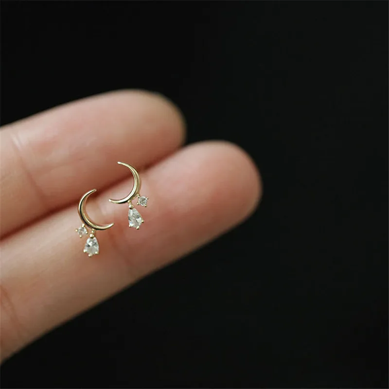 Cute 14K Gold CZ Stud Earrings 925 Sterling Silver Moon Tassel Zircon Earrings for Woman Jewelry Gift